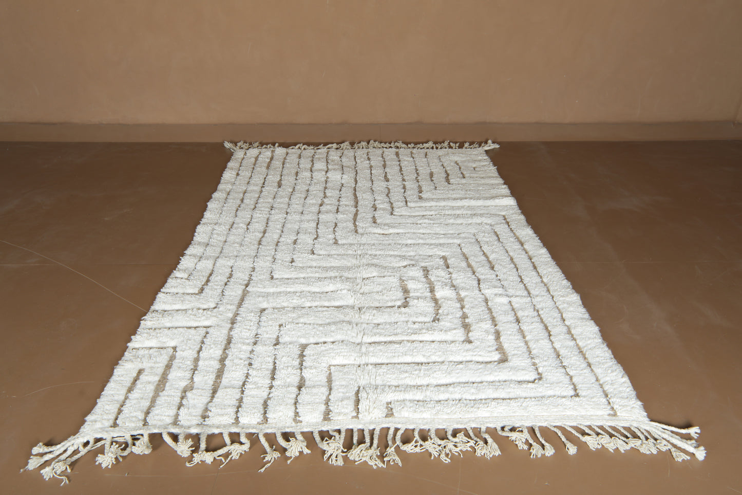Custom Moroccan Beni Ourain Rug - Ivory Maze & Sandy Linear Pathways - Handmade Wool Rug