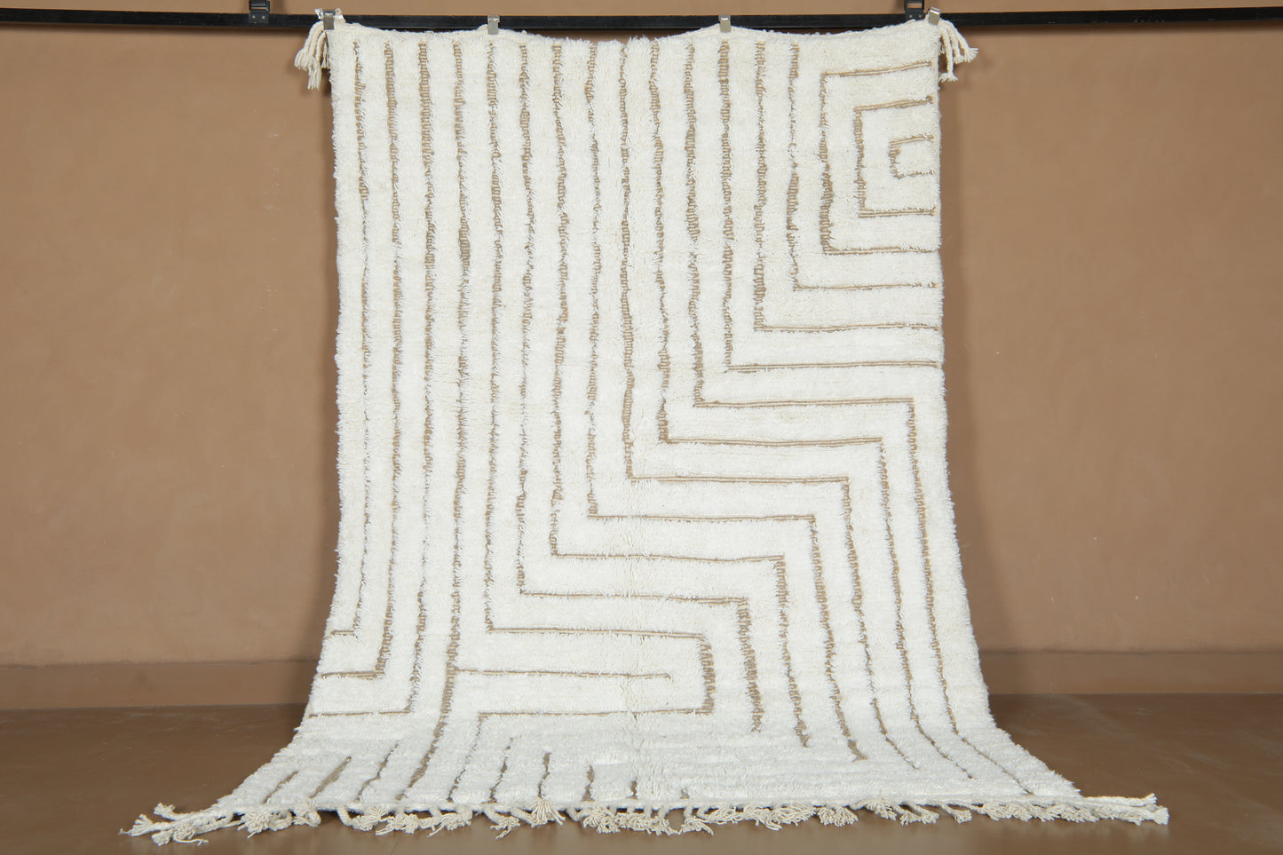 Custom Moroccan Beni Ourain Rug - Ivory Maze & Sandy Linear Pathways - Handmade Wool Rug