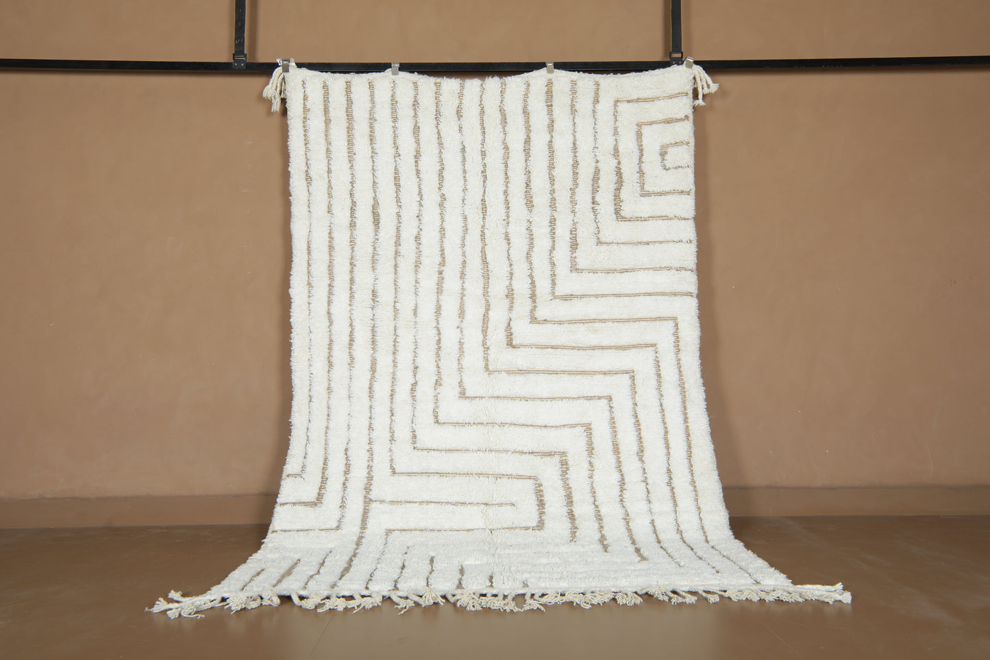 Custom Moroccan Beni Ourain Rug - Ivory Maze & Sandy Linear Pathways - Handmade Wool Rug