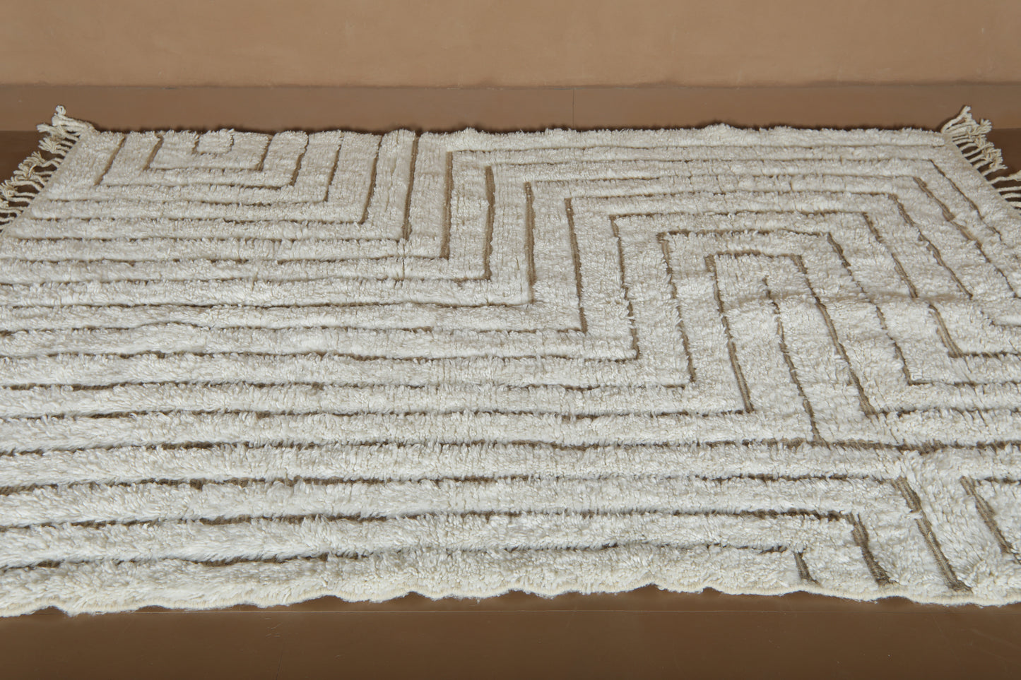 Custom Moroccan Beni Ourain Rug - Ivory Maze & Sandy Linear Pathways - Handmade Wool Rug