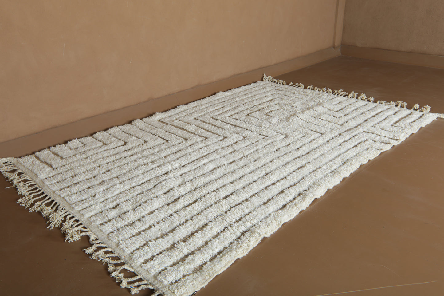 Custom Moroccan Beni Ourain Rug - Ivory Maze & Sandy Linear Pathways - Handmade Wool Rug