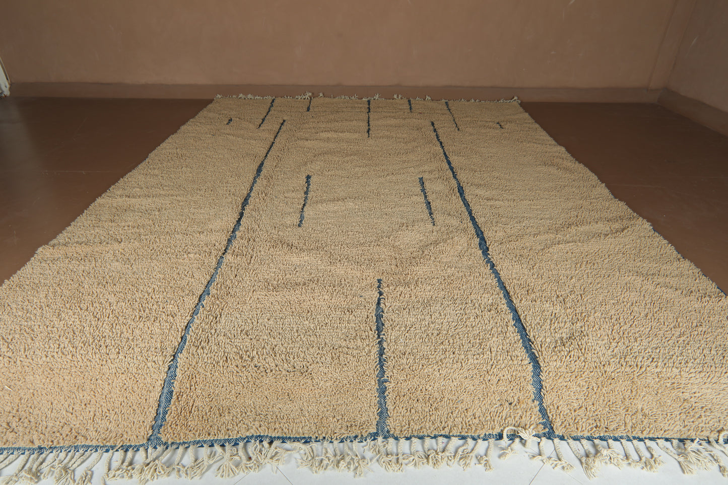 Handmade Beige Moroccan Wool Rug with Blue Lines – Custom Minimalist Berber Carpet