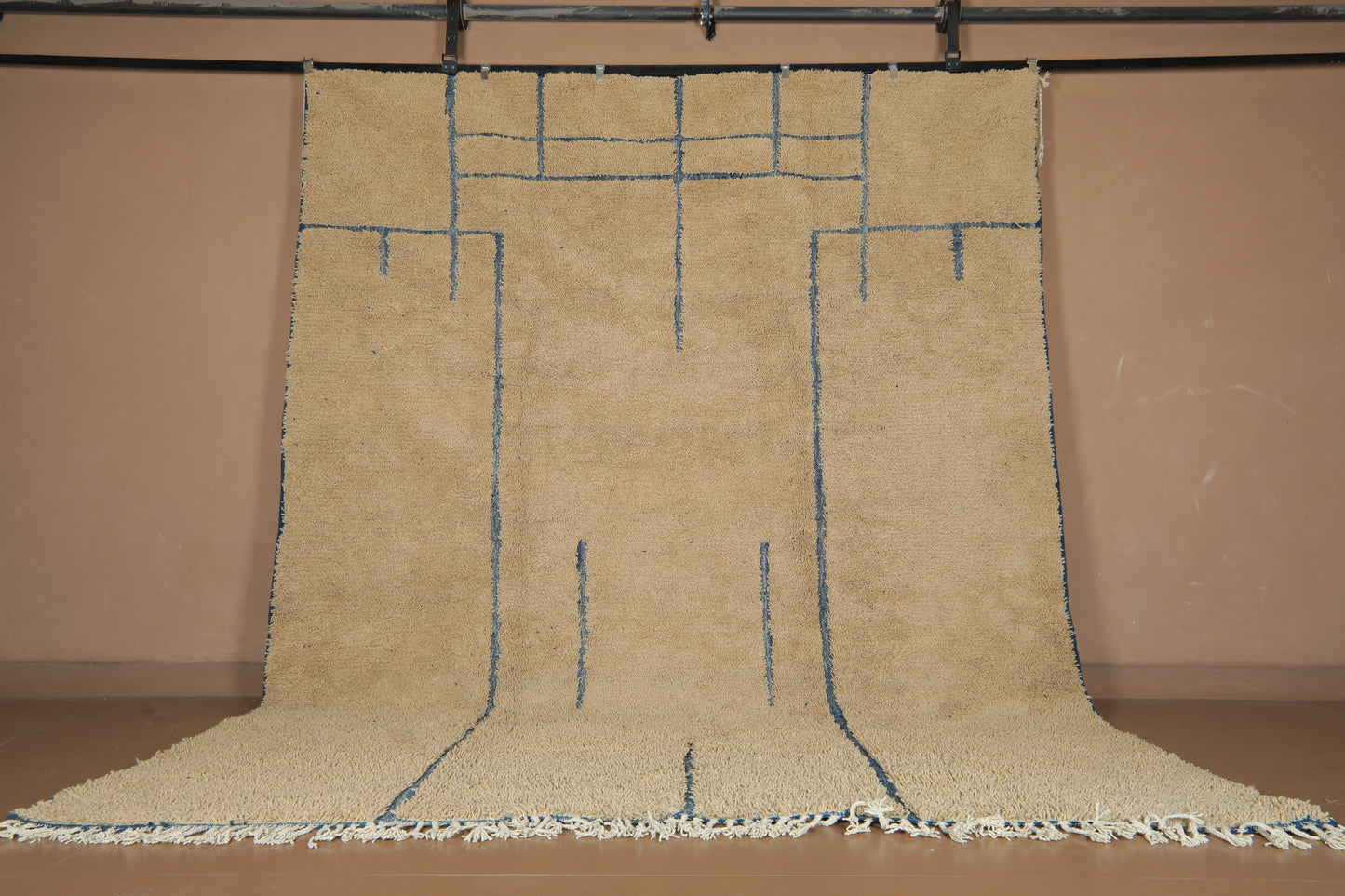 Handmade Beige Moroccan Wool Rug with Blue Lines – Custom Minimalist Berber Carpet
