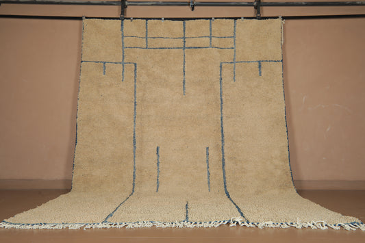 Handmade Beige Moroccan Wool Rug with Blue Lines – Custom Minimalist Berber Carpet