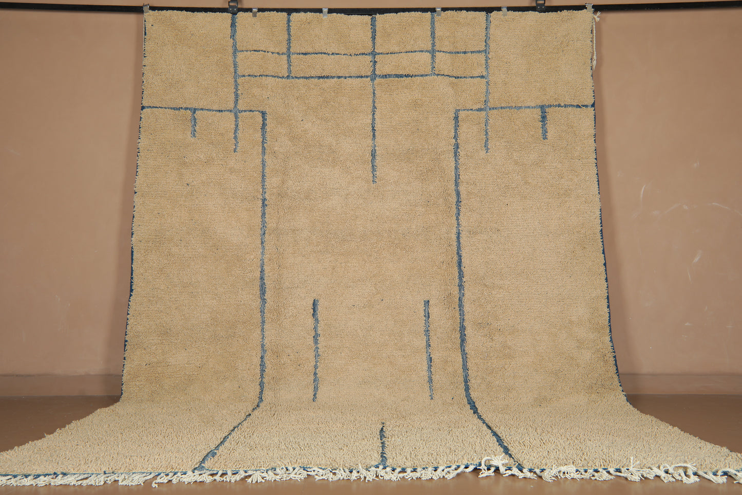 Handmade Beige Moroccan Wool Rug with Blue Lines – Custom Minimalist Berber Carpet