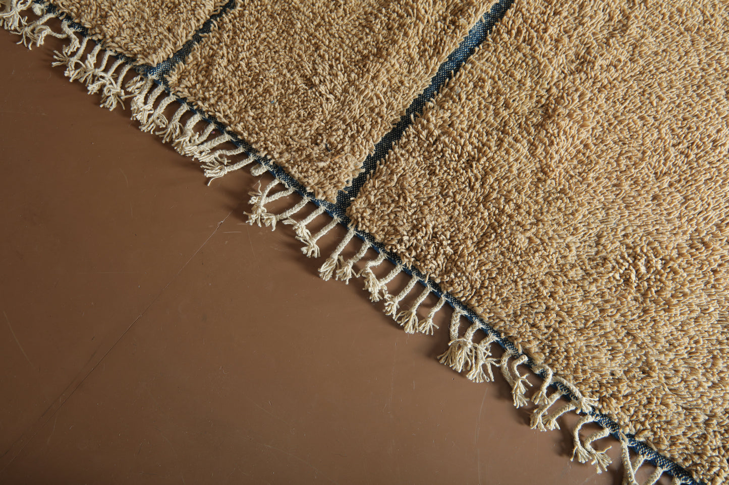 Handmade Beige Moroccan Wool Rug with Blue Lines – Custom Minimalist Berber Carpet