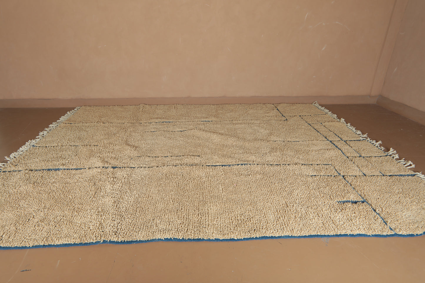 Handmade Beige Moroccan Wool Rug with Blue Lines – Custom Minimalist Berber Carpet