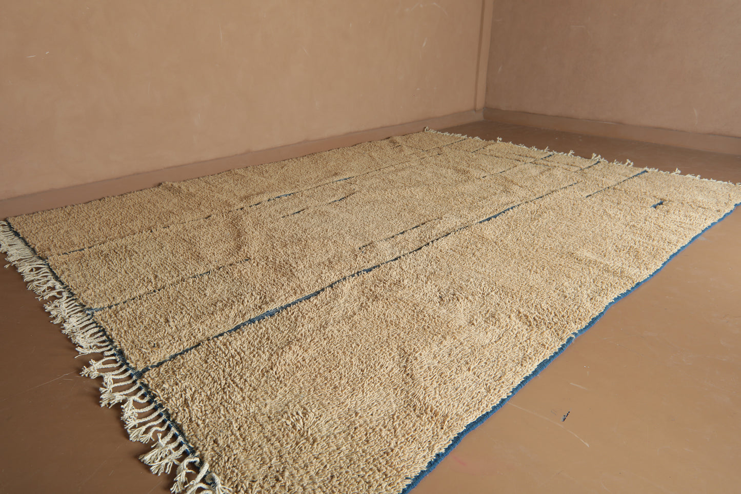 Handmade Beige Moroccan Wool Rug with Blue Lines – Custom Minimalist Berber Carpet