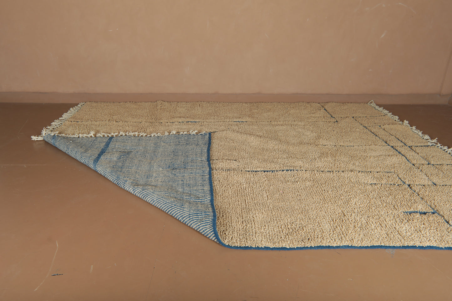 Handmade Beige Moroccan Wool Rug with Blue Lines – Custom Minimalist Berber Carpet