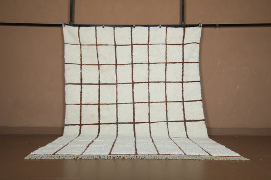 Handmade Checkered Moroccan Wool Rug – Brown Grid Design – Modern Beni Ourain Carpet