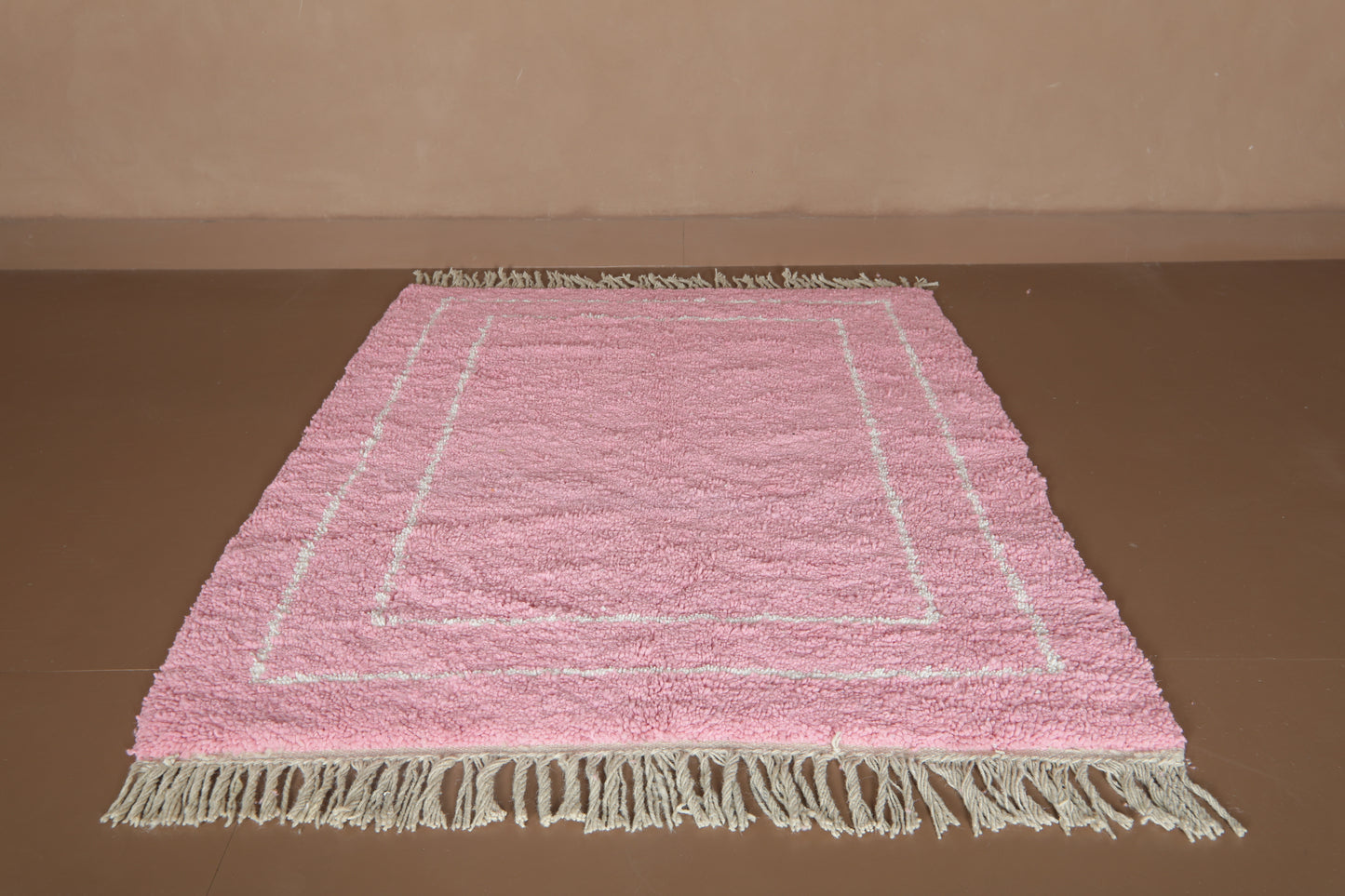 Handmade Moroccan Rug - Modern Framed Design with Tassels - Custom Rug in Blush Pink