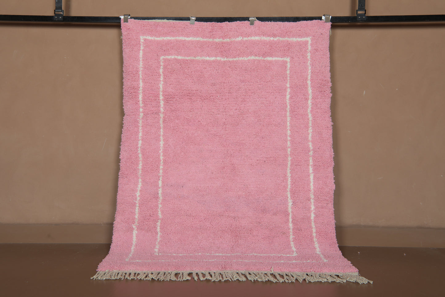 Handmade Moroccan Rug - Modern Framed Design with Tassels - Custom Rug in Blush Pink