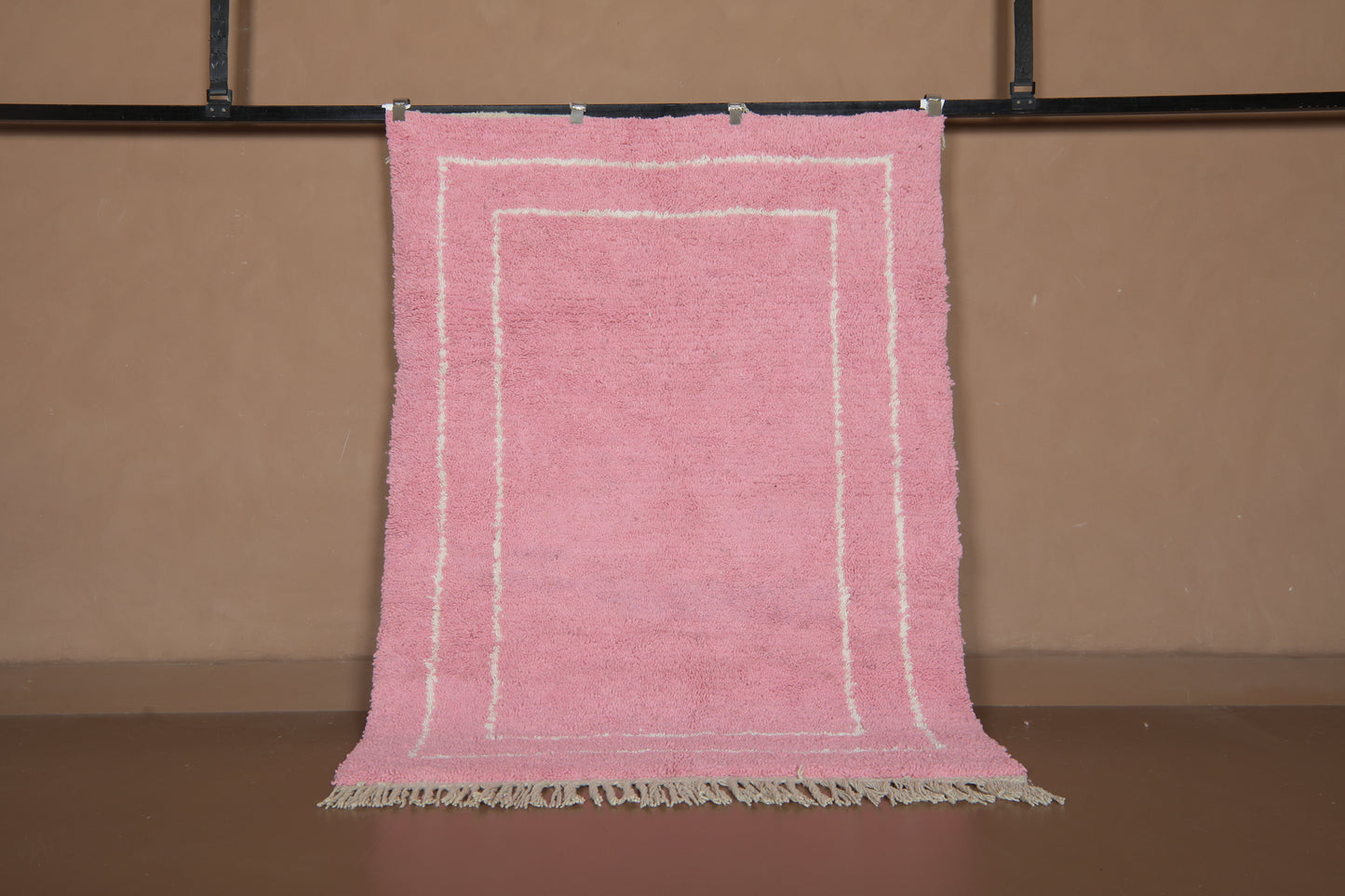 Handmade Moroccan Rug - Modern Framed Design with Tassels - Custom Rug in Blush Pink