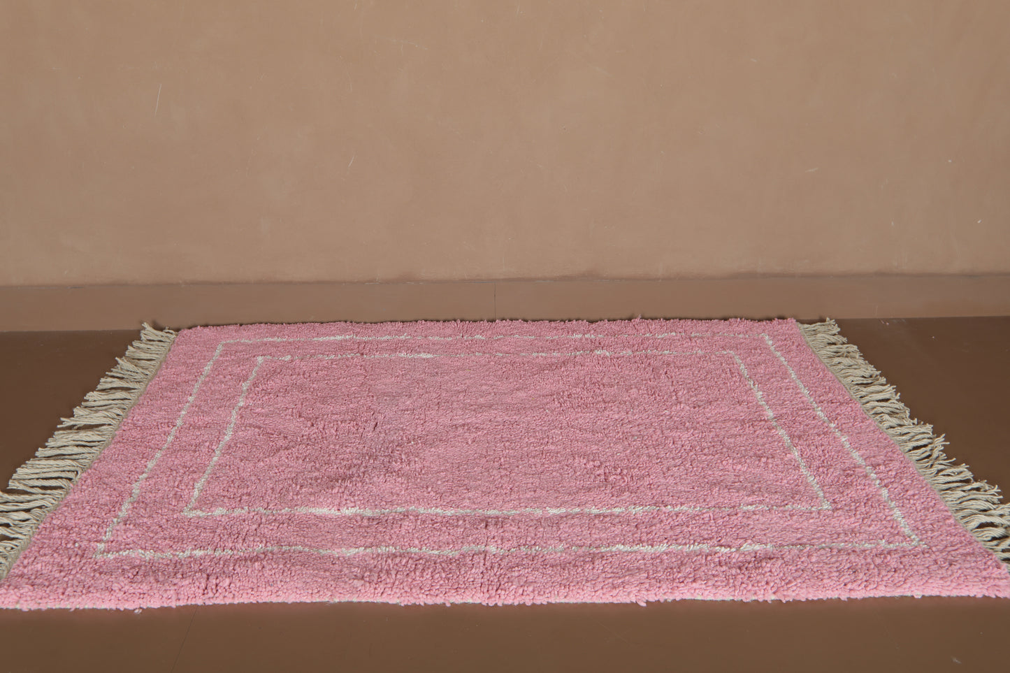 Handmade Moroccan Rug - Modern Framed Design with Tassels - Custom Rug in Blush Pink