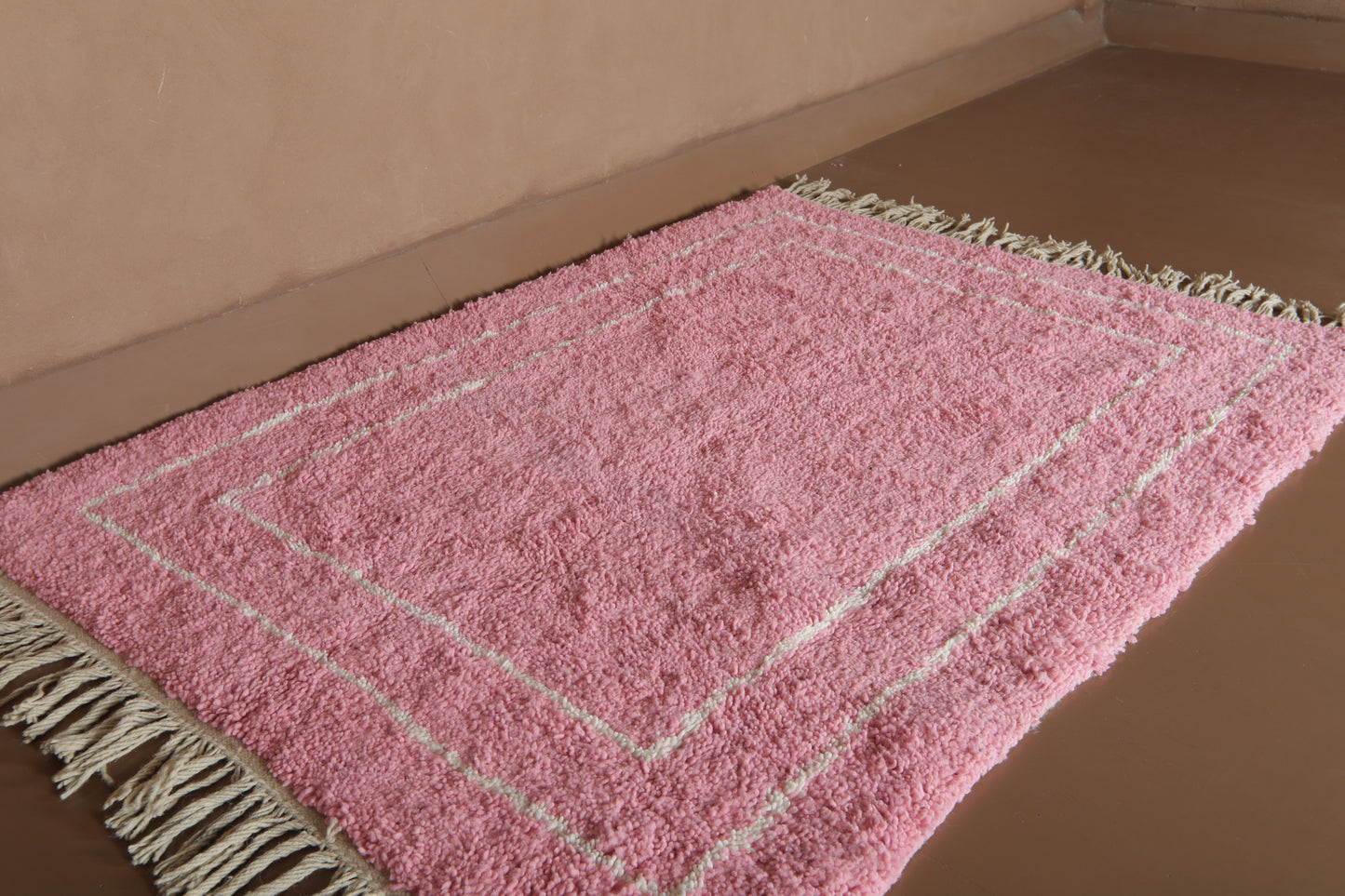 Handmade Moroccan Rug - Modern Framed Design with Tassels - Custom Rug in Blush Pink