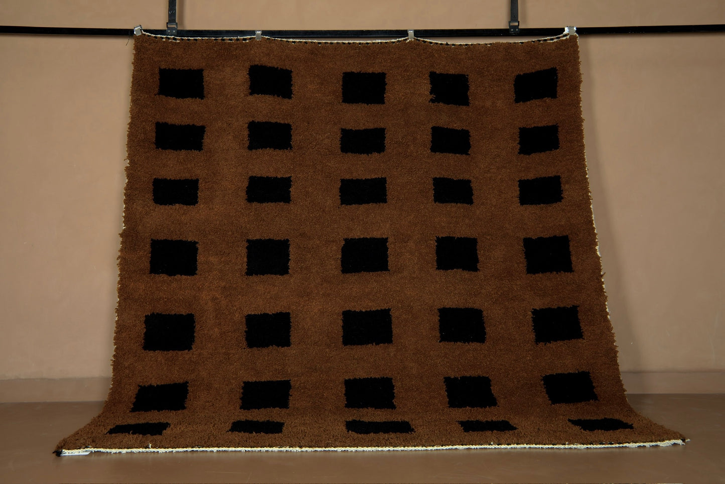Black Squares on Brown Wool Rug – Handmade Moroccan Rug – Custom Rug
