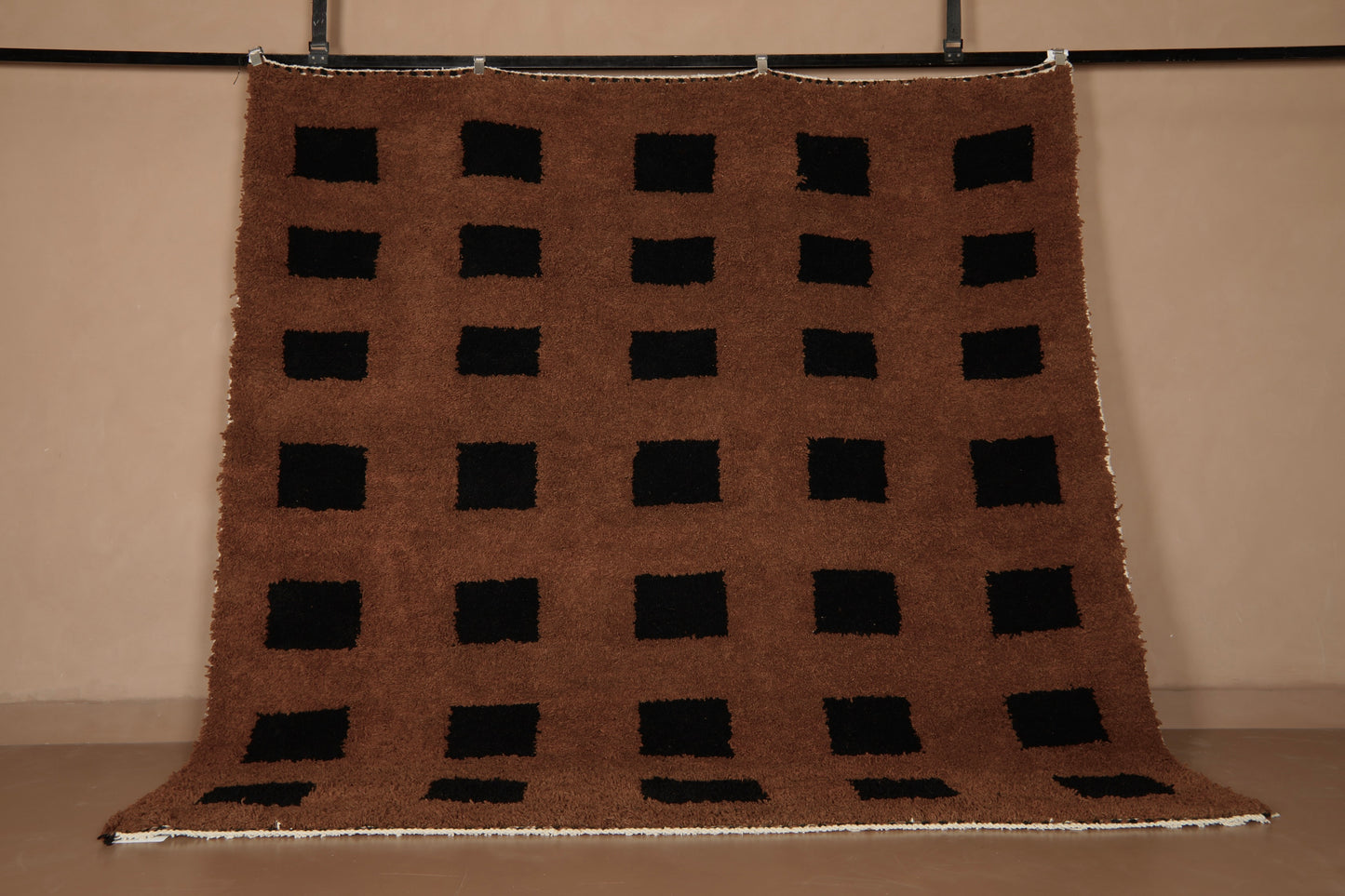 Black Squares on Brown Wool Rug – Handmade Moroccan Rug – Custom Rug
