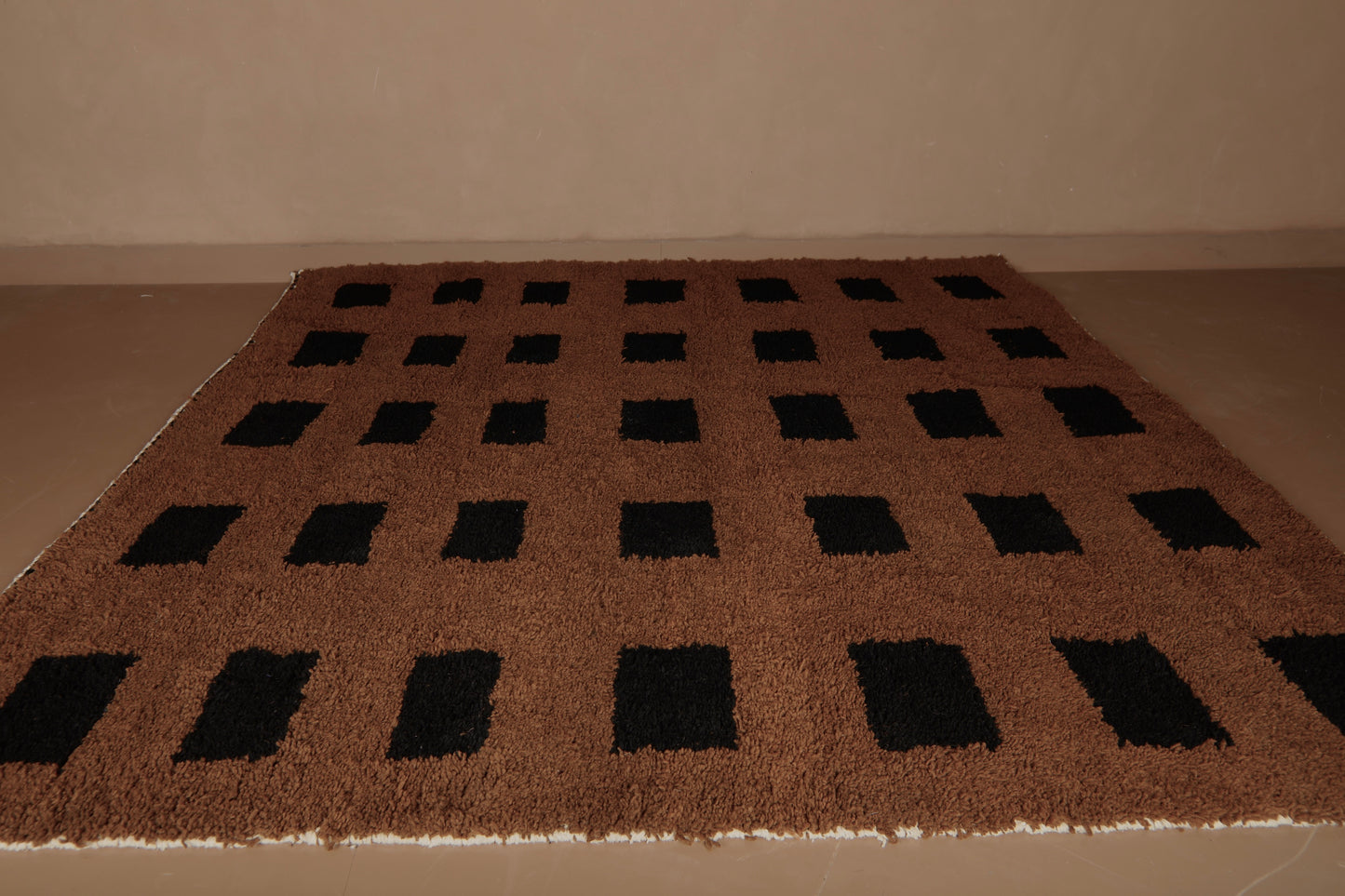 Black Squares on Brown Wool Rug – Handmade Moroccan Rug – Custom Rug