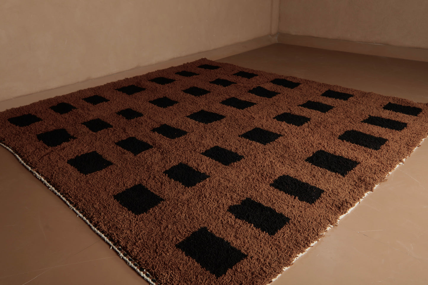 Black Squares on Brown Wool Rug – Handmade Moroccan Rug – Custom Rug