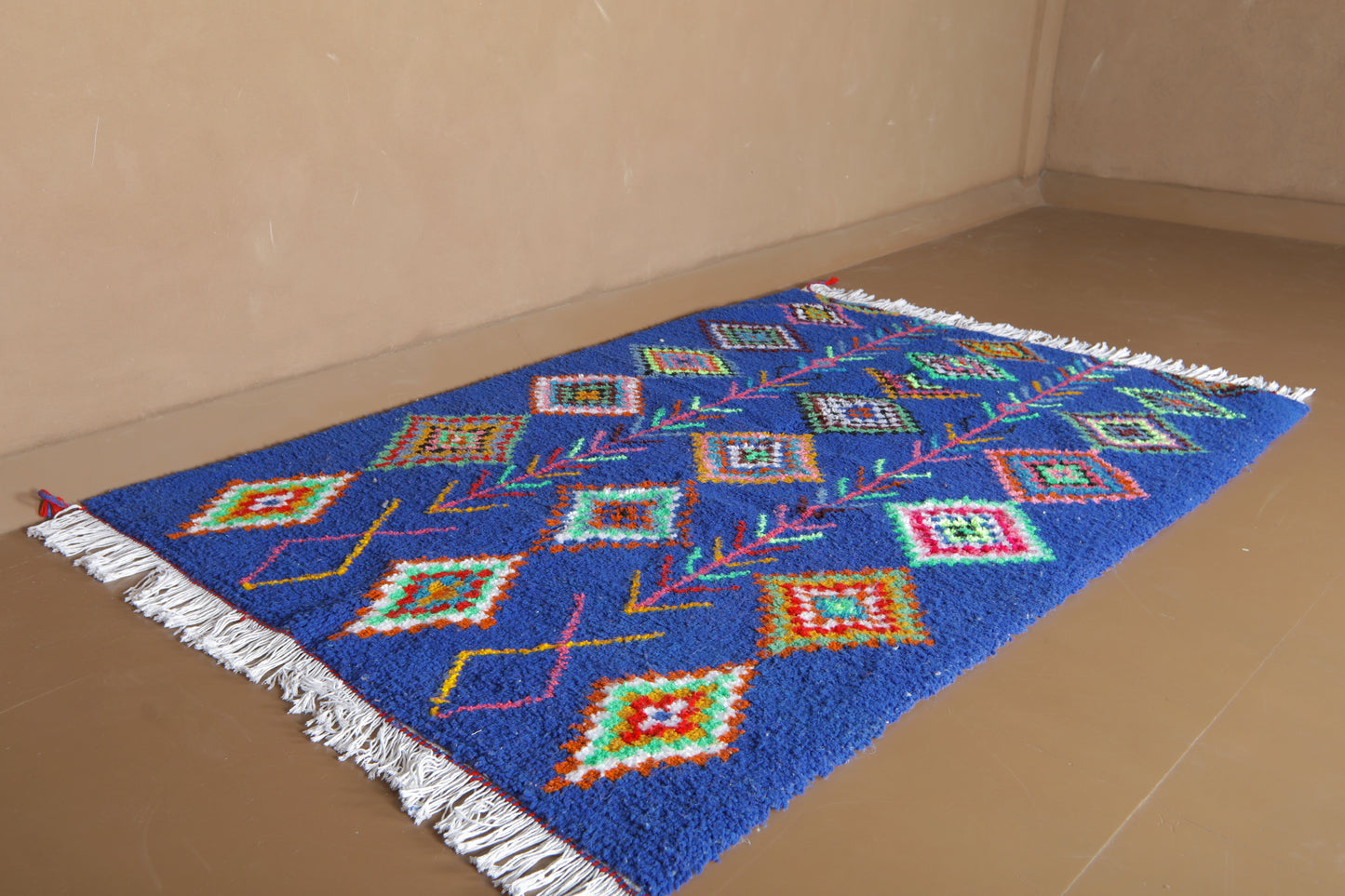 Blue Moroccan Rug – Custom Handmade Rug – Colorful Diamond Motifs
