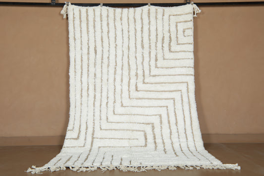 Custom Moroccan Beni Ourain Rug - Ivory Maze & Sandy Linear Pathways - Handmade Wool Rug