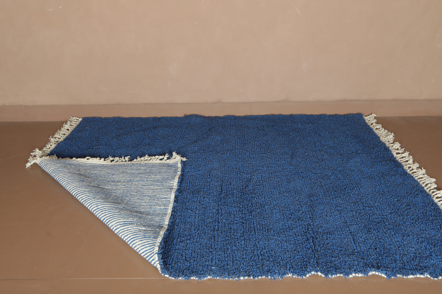 Custom Handmade Moroccan Rug – Deep Blue Wool with Minimal Geometric Pattern