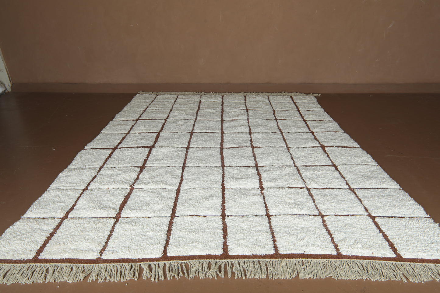 Handmade Checkered Moroccan Wool Rug – Brown Grid Design – Modern Beni Ourain Carpet