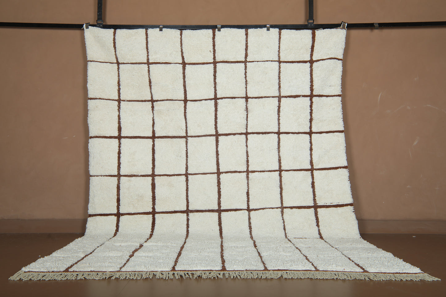 Handmade Checkered Moroccan Wool Rug – Brown Grid Design – Modern Beni Ourain Carpet