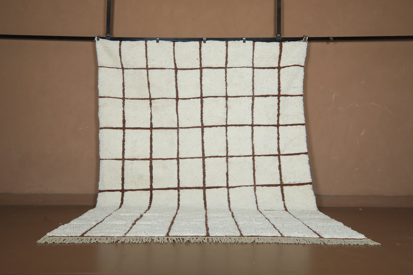 Handmade Checkered Moroccan Wool Rug – Brown Grid Design – Modern Beni Ourain Carpet