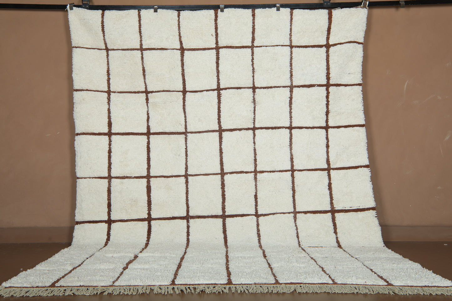 Handmade Checkered Moroccan Wool Rug – Brown Grid Design – Modern Beni Ourain Carpet