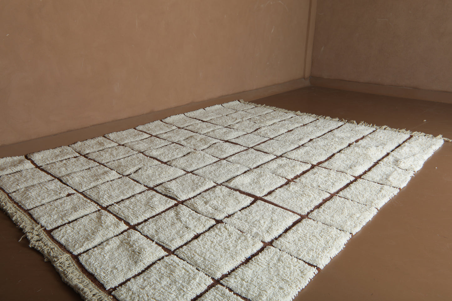 Handmade Checkered Moroccan Wool Rug – Brown Grid Design – Modern Beni Ourain Carpet