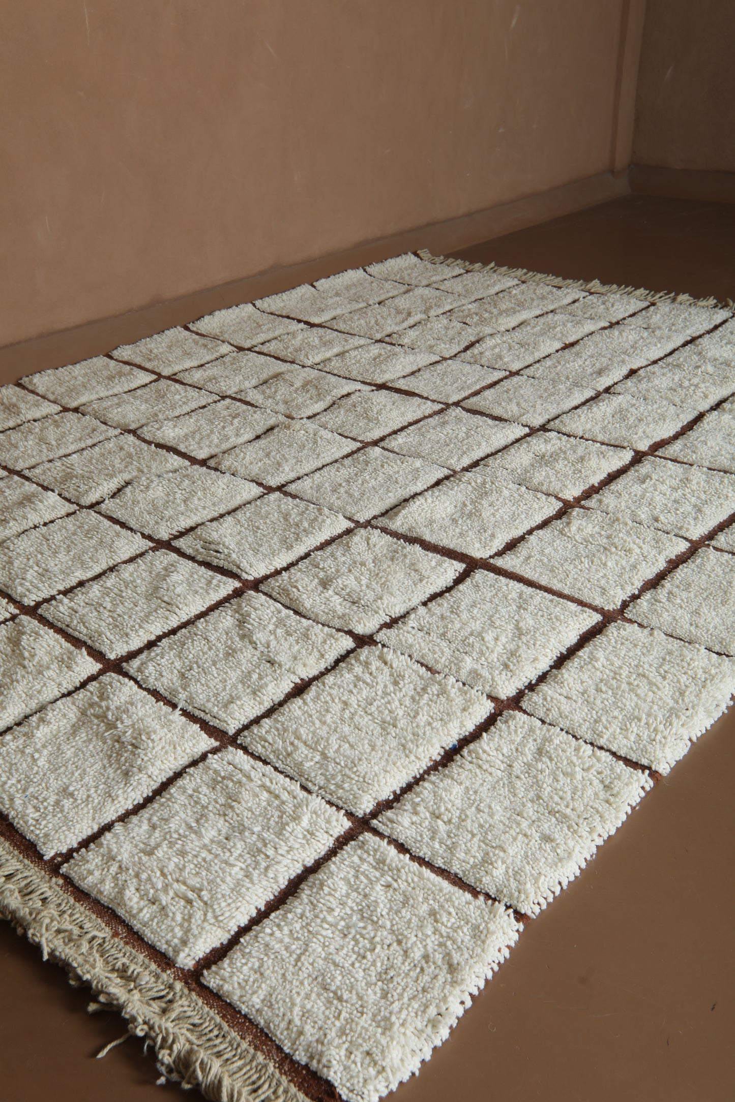 Handmade Checkered Moroccan Wool Rug – Brown Grid Design – Modern Beni Ourain Carpet