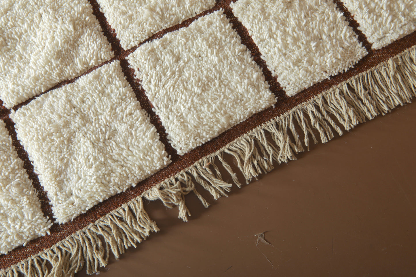 Handmade Checkered Moroccan Wool Rug – Brown Grid Design – Modern Beni Ourain Carpet