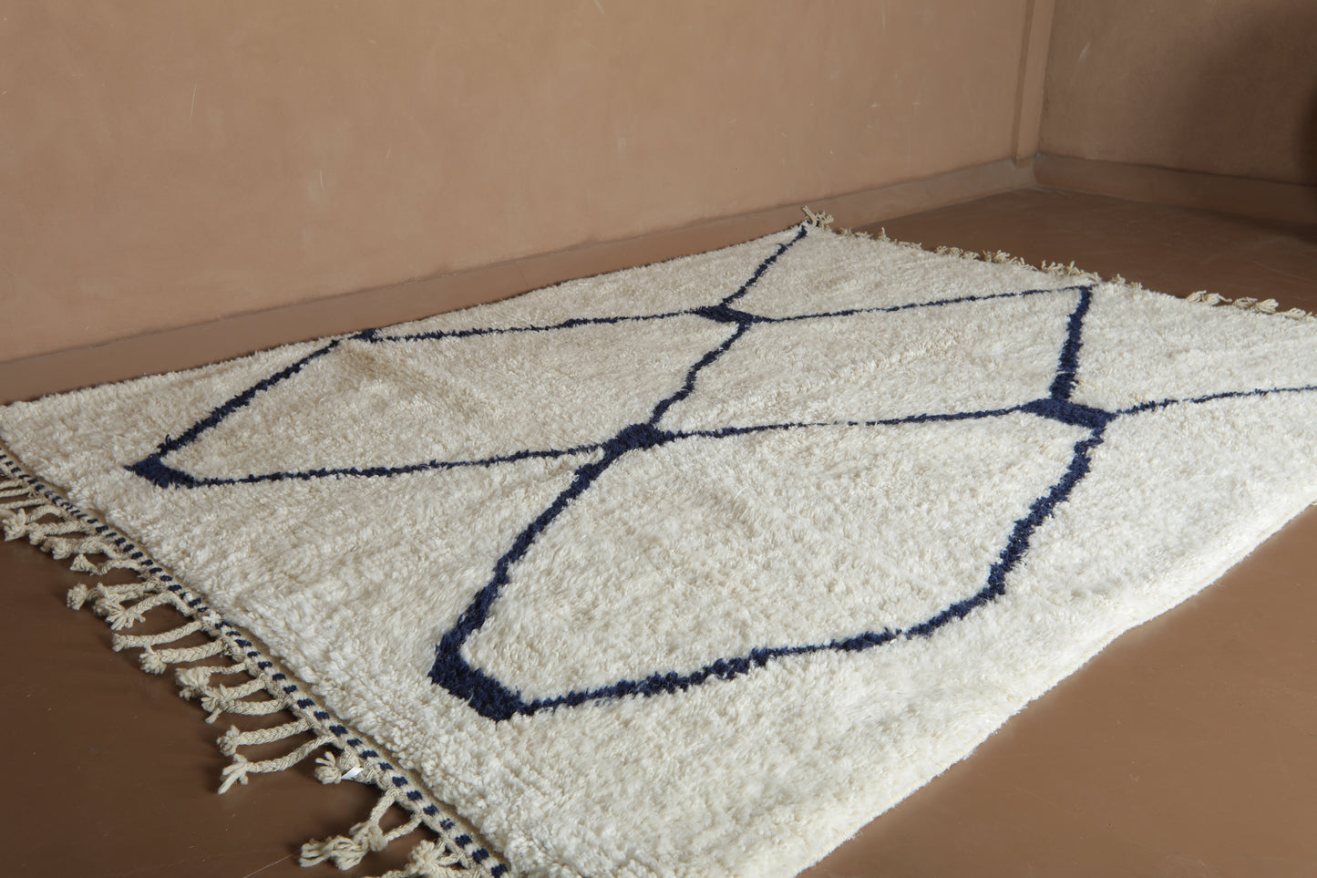 Custom Moroccan Wool Rug – Cream & Navy Geometric Handmade Berber Carpet