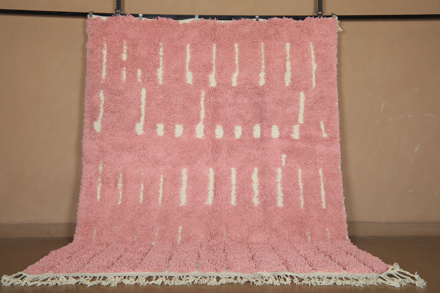 Custom Pink Moroccan Rug – Handmade Wool Berber Carpet with Ivory Stripes