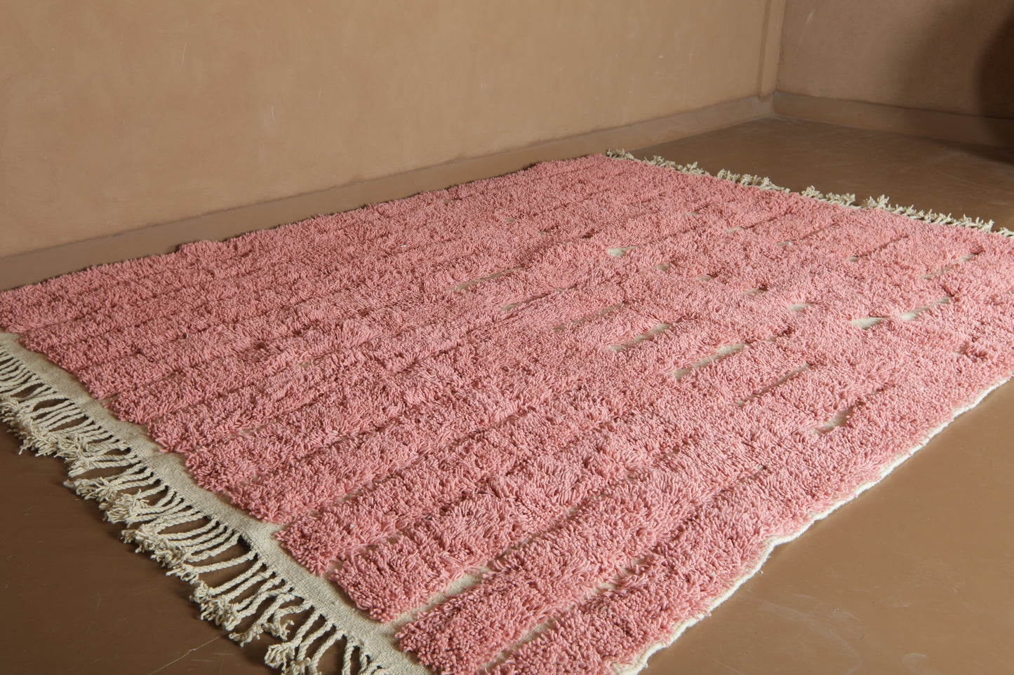 Custom Pink Moroccan Rug – Handmade Wool Berber Carpet with Ivory Stripes