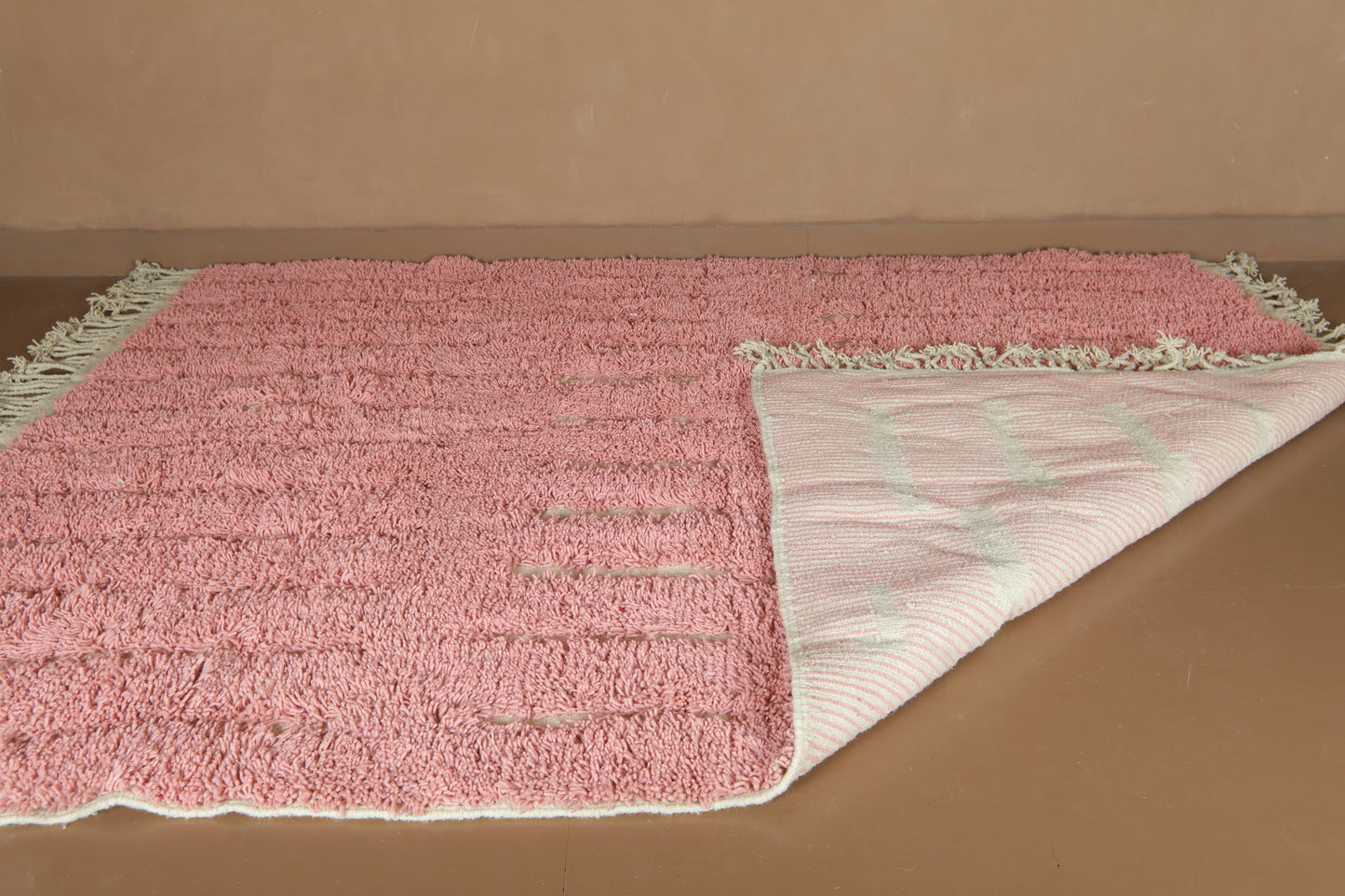 Custom Pink Moroccan Rug – Handmade Wool Berber Carpet with Ivory Stripes