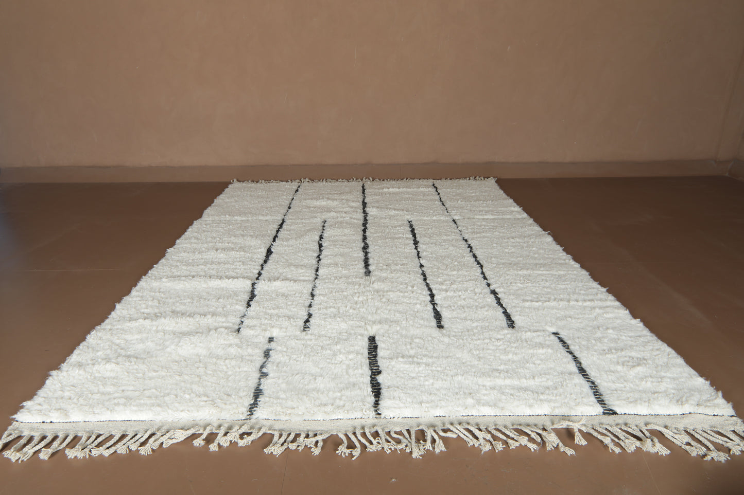 Handwoven Beni Ourain Wool Rug - Minimalist Modern Black Line Design