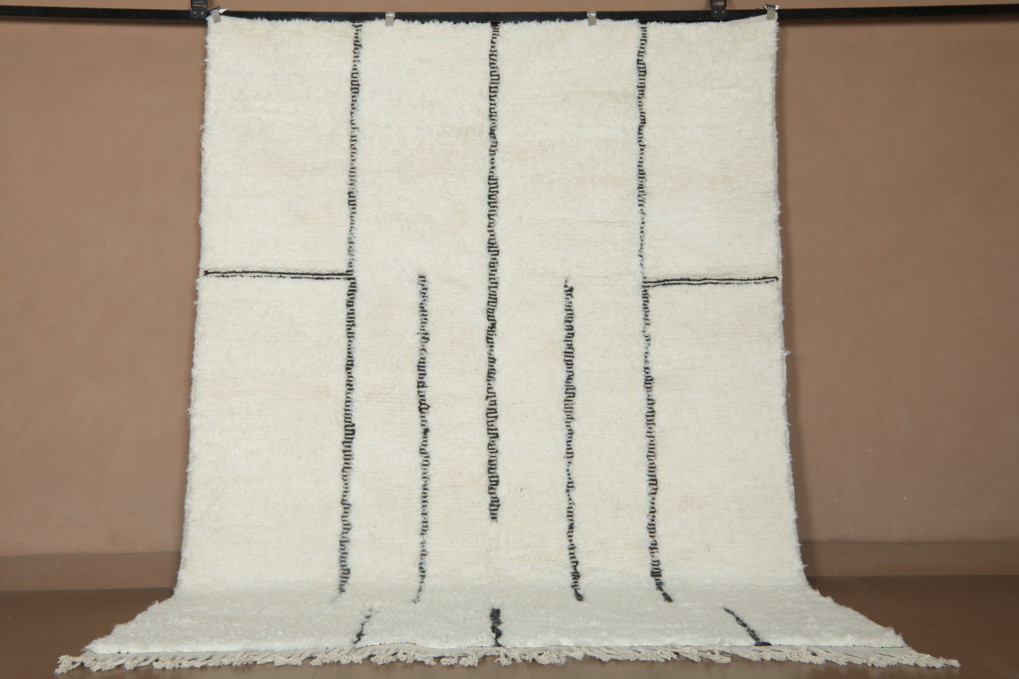 Handwoven Beni Ourain Wool Rug - Minimalist Modern Black Line Design