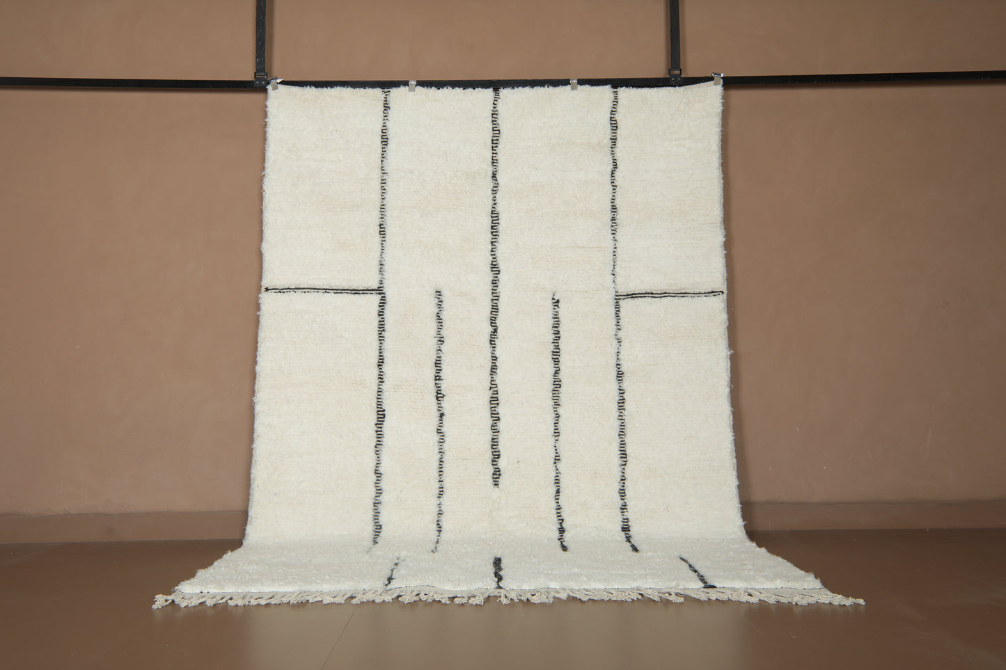 Handwoven Beni Ourain Wool Rug - Minimalist Modern Black Line Design