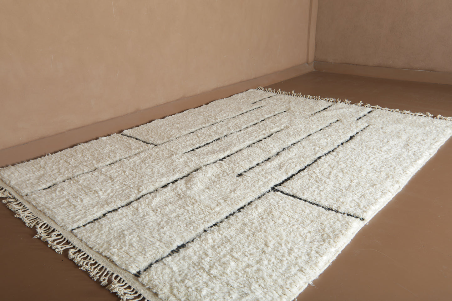 Handwoven Beni Ourain Wool Rug - Minimalist Modern Black Line Design