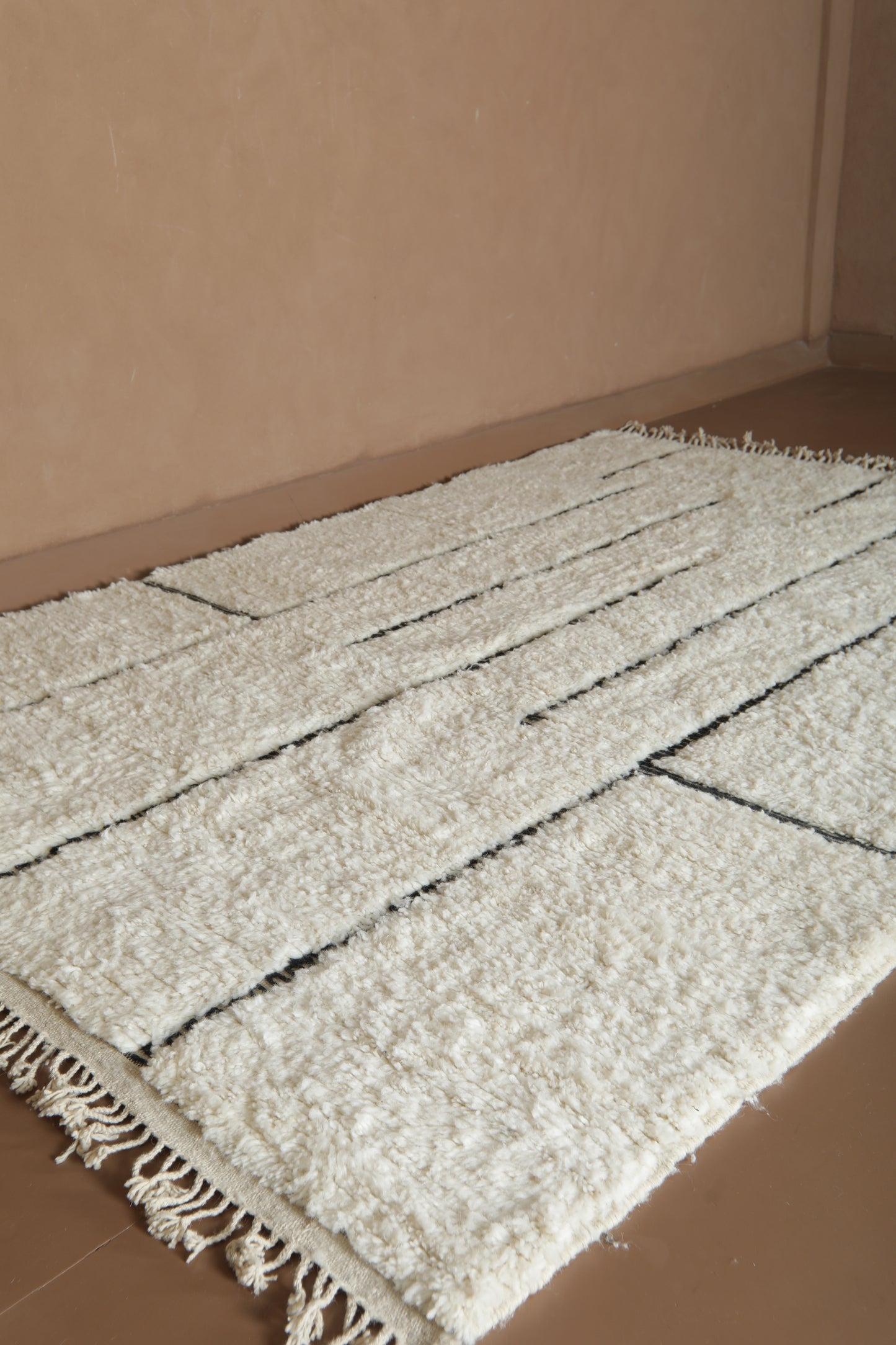 Handwoven Beni Ourain Wool Rug - Minimalist Modern Black Line Design