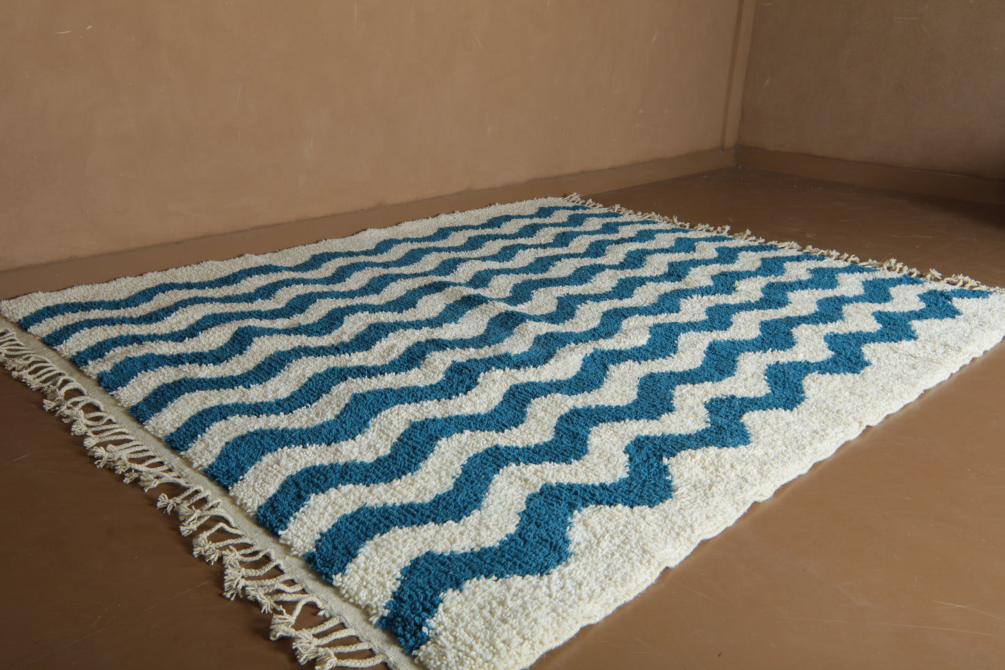 Custom Wave Pattern Rug – Handwoven Blue-Turquoise & White Moroccan Carpet