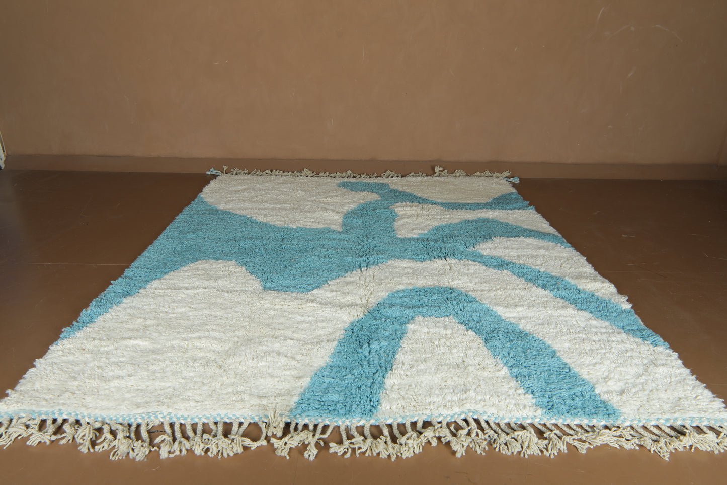 Custom Handwoven Moroccan Rug – Turquoise & Ivory Shaggy Wool Carpet