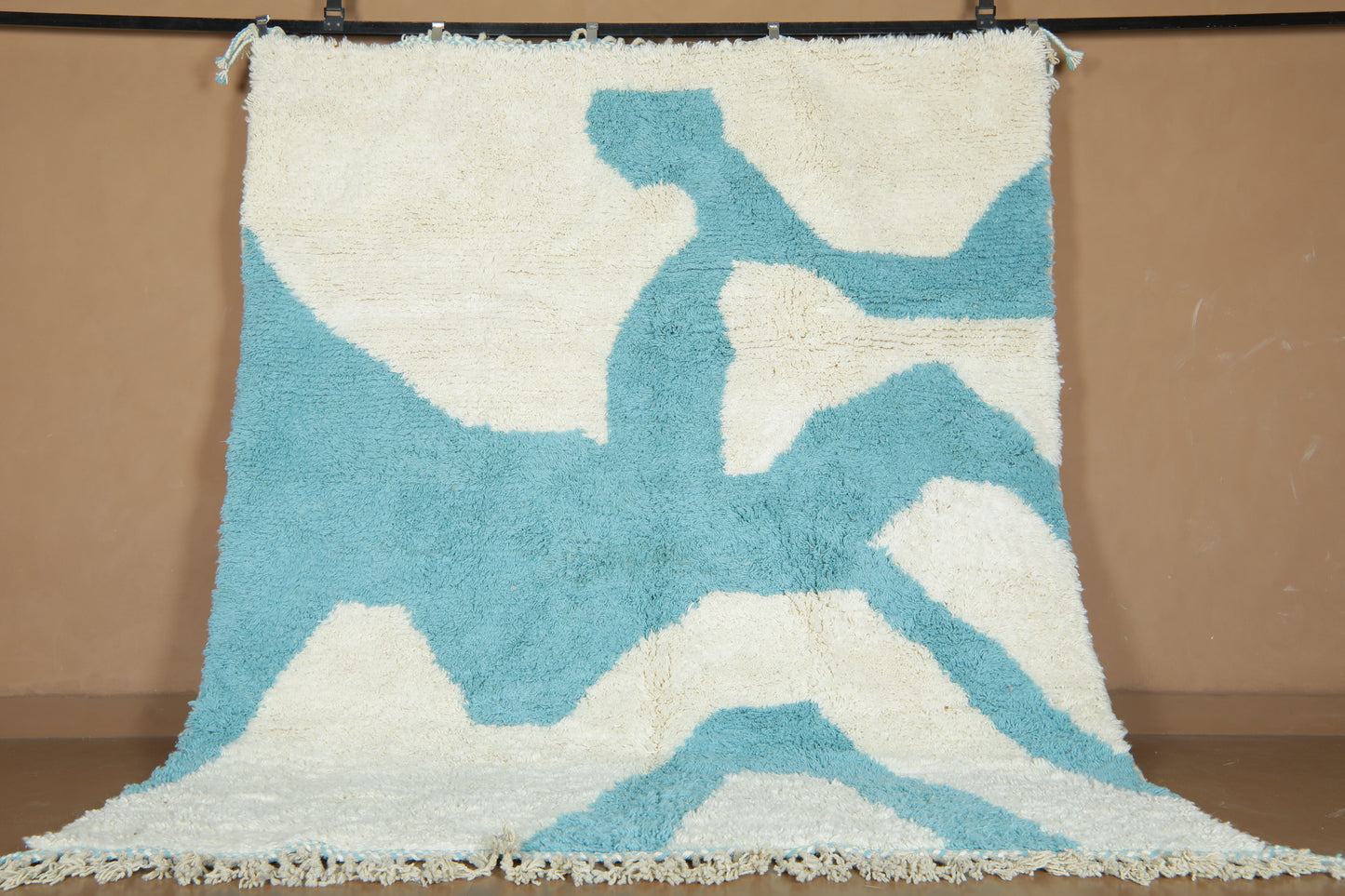 Custom Handwoven Moroccan Rug – Turquoise & Ivory Shaggy Wool Carpet