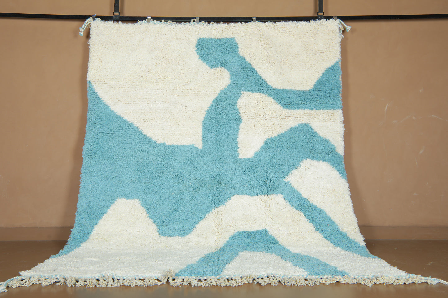 Custom Handwoven Moroccan Rug – Turquoise & Ivory Shaggy Wool Carpet