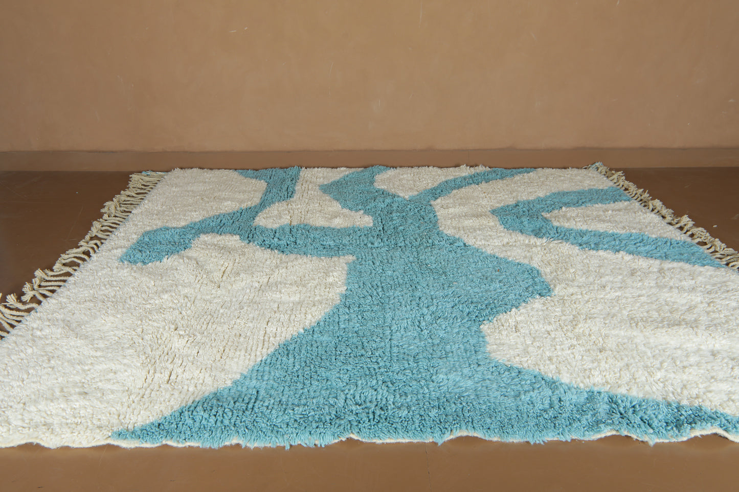 Custom Handwoven Moroccan Rug – Turquoise & Ivory Shaggy Wool Carpet