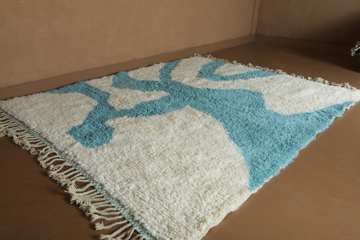 Custom Handwoven Moroccan Rug – Turquoise & Ivory Shaggy Wool Carpet