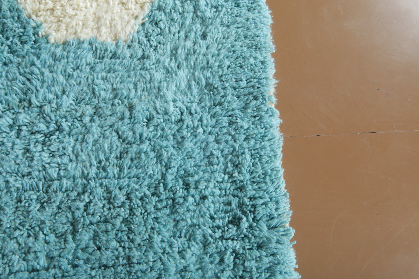 Custom Handwoven Moroccan Rug – Turquoise & Ivory Shaggy Wool Carpet