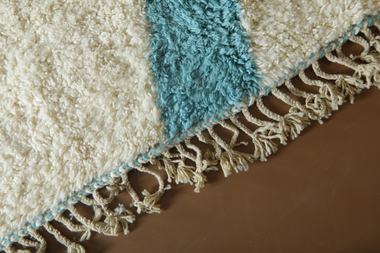Custom Handwoven Moroccan Rug – Turquoise & Ivory Shaggy Wool Carpet